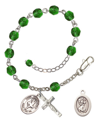 Silver-Plated 6mm Fire-Polished Saint Christopher/Dance Rosary Bracelet in Emerald Engraved Catholic Saint Jewelry