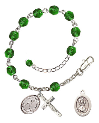 Adjustable Silver Plated 6mm Fire Polished Saint Christopher/Softball Rosary Bracelet in Emerald