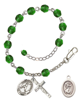Adjustable Silver Plated 6mm Fire Polished Saint Christopher/Baseball Rosary Bracelet in Emerald