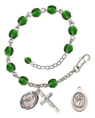 Adjustable Silver Plated 6mm Fire Polished Saint Christopher/Ice Hockey Rosary Bracelet in Emerald