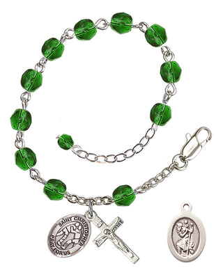 Adjustable Silver Plated 6mm Fire Polished Saint Christopher/Wrestling Rosary Bracelet in Emerald