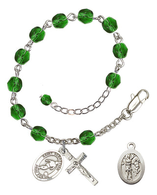 Adjustable Silver Plated 6mm Fire Polished Saint Sebastian/Soccer Rosary Bracelet in Emerald