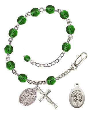 Adjustable Silver Plated 6mm Fire Polished Saint Sebastian/Wrestling Rosary Bracelet in Emerald