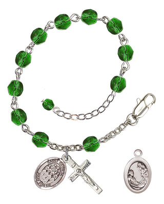 Silver-Plated 6mm Fire-Polished Saint Cecilia / Choir Rosary Bracelet in Emerald Engraved Catholic Saint Jewelry