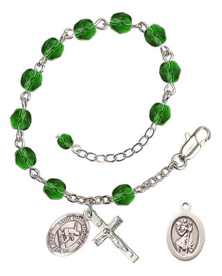 Adjustable Silver Plated 6mm Fire Polished Saint Christopher/Surfing Rosary Bracelet in Emerald