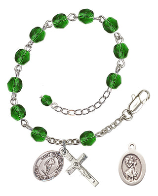 Adjustable Silver Plated 6mm Fire Polished Saint Christopher / Rugby Rosary Bracelet in Emerald