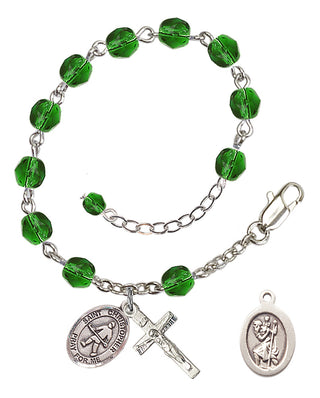 Silver-Plated 6mm Fire-Polished Saint Christopher / Field Hockey Rosary Bracelet in Emerald Engraved Catholic Saint Jewelry
