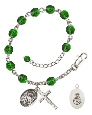 Adjustable Silver Plated 6mm Fire Polished Our Lady of Mount Carmel Rosary Bracelet in Emerald