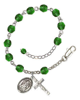 Silver-Plated 6mm Fire-Polished Saint Isaiah Rosary Bracelet in Emerald Engraved Catholic Saint Jewelry