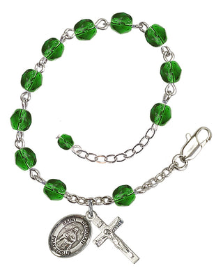 Silver-Plated 6mm Fire-Polished Saint Deborah Rosary Bracelet in Emerald Engraved Catholic Saint Jewelry