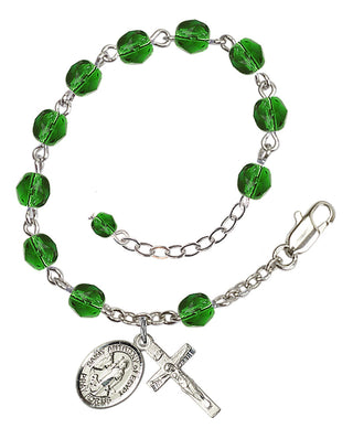 Silver-Plated 6mm Fire-Polished Saint Anthony of Egypt Rosary Bracelet in Emerald Engraved Catholic Saint Jewelry