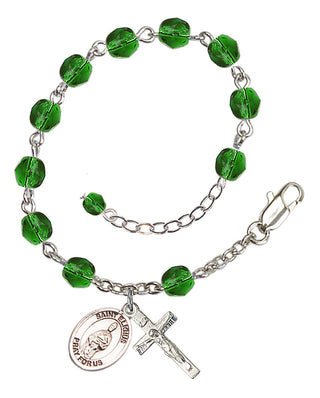 Silver-Plated 6mm Fire-Polished Saint Eligius Rosary Bracelet in Emerald Engraved Catholic Saint Jewelry