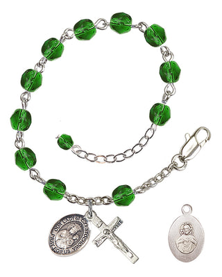 Adjustable Silver Plated 6mm Fire Polished Our Lady of Czestochowa Rosary Bracelet in Emerald