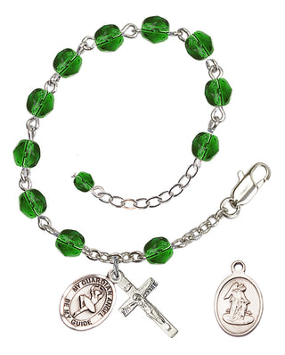 Silver-Plated 6mm Fire-Polished Guardian Angel/Dance Rosary Bracelet in Emerald Engraved Catholic Saint Jewelry