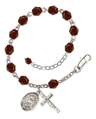 Silver-Plated 6mm Fire-Polished Saint Catherine Laboure Rosary Bracelet in Garnet Engraved Catholic Saint Jewelry