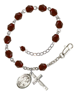 Silver-Plated 6mm Fire-Polished Saint Elmo Rosary Bracelet in Garnet Engraved Catholic Saint Jewelry