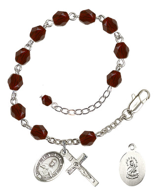 Silver-Plated 6mm Fire-Polished Scapular Rosary Bracelet in Garnet Engraved Catholic Saint Jewelry