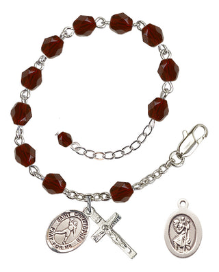 Adjustable Silver Plated 6mm Fire Polished Saint Christopher/Football Rosary Bracelet in Garnet