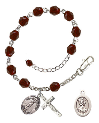 Adjustable Silver Plated 6mm Fire Polished Saint Christopher/Golf Rosary Bracelet in Garnet