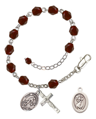 Adjustable Silver Plated 6mm Fire Polished Saint Christopher/Basketball Rosary Bracelet in Garnet