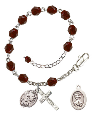 Adjustable Silver Plated 6mm Fire Polished Saint Christopher/Soccer Rosary Bracelet in Garnet