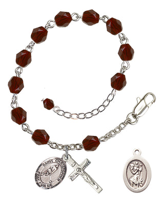 Adjustable Silver Plated 6mm Fire Polished Saint Christopher/Ice Hockey Rosary Bracelet in Garnet