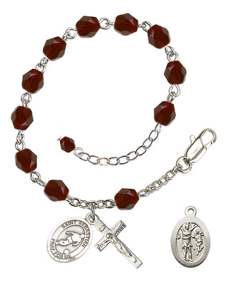 Adjustable Silver Plated 6mm Fire Polished Saint Sebastian/Soccer Rosary Bracelet in Garnet