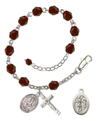 Silver-Plated 6mm Fire-Polished Saint Sebastian/Dance Rosary Bracelet in Garnet Engraved Catholic Saint Jewelry