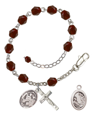 Silver-Plated 6mm Fire-Polished Saint Cecilia / Marching Band Rosary Bracelet in Garnet Engraved Catholic Saint Jewelry
