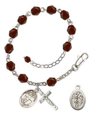 Adjustable Silver Plated 6mm Fire Polished Saint Sebastian / Volleyball Rosary Bracelet in Garnet