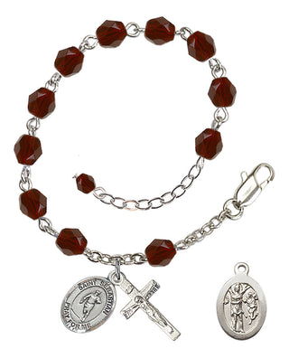 Adjustable Silver Plated 6mm Fire Polished Saint Sebastian / Rugby Rosary Bracelet in Garnet