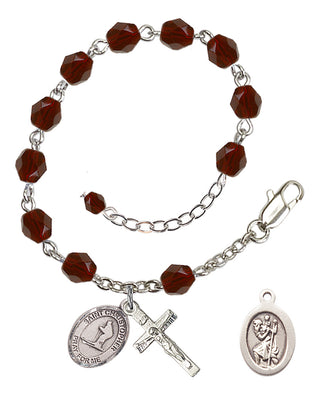 Adjustable Silver Plated 6mm Fire Polished Saint Christopher / Skiing Rosary Bracelet in Garnet