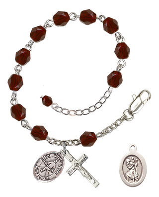 Silver-Plated 6mm Fire-Polished Saint Christopher / Field Hockey Rosary Bracelet in Garnet Engraved Catholic Saint Jewelry