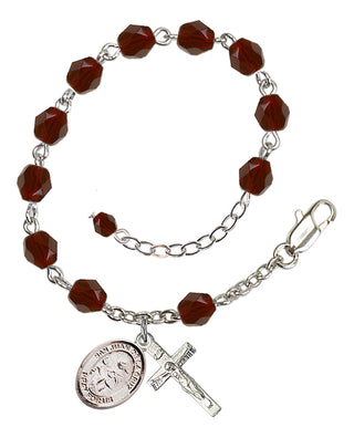 Silver-Plated 6mm Fire-Polished San Juan de la Cruz Rosary Bracelet in Garnet Engraved Catholic Saint Jewelry
