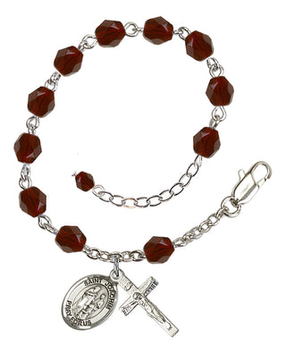 Silver-Plated 6mm Fire-Polished Saint Joachim Rosary Bracelet in Garnet Engraved Catholic Saint Jewelry