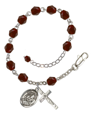 Silver-Plated 6mm Fire-Polished Saint Polycarp of Smyrna Rosary Bracelet in Garnet Engraved Catholic Saint Jewelry