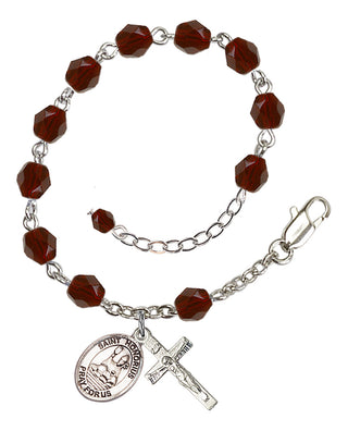 Silver-Plated 6mm Fire-Polished Saint Honorius of Amiens Rosary Bracelet in Garnet Engraved Catholic Saint Jewelry