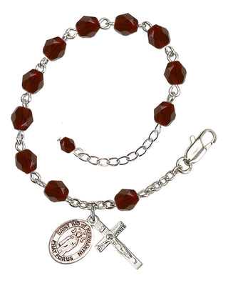 Silver-Plated 6mm Fire-Polished Saint Ivo of Kelmartin Rosary Bracelet in Garnet Engraved Catholic Saint Jewelry