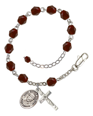 Silver-Plated 6mm Fire-Polished Saint Damien of Molokai Rosary Bracelet in Garnet Engraved Catholic Saint Jewelry