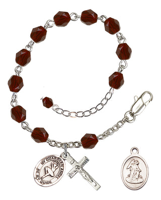 Silver-Plated 6mm Fire-Polished Guardian Angel/Dance Rosary Bracelet in Garnet Engraved Catholic Saint Jewelry