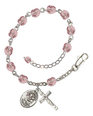 Silver-Plated 6mm Fire-Polished Saint Anthony of Padua Rosary Bracelet in Light Amethyst Engraved Catholic Saint Jewelry