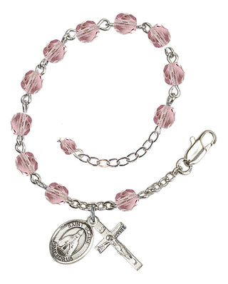 Silver-Plated 6mm Fire-Polished Saint Blaise Rosary Bracelet in Light Amethyst Engraved Catholic Saint Jewelry