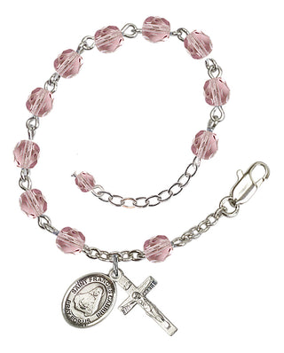 Silver-Plated 6mm Fire-Polished Saint Frances Cabrini Rosary Bracelet in Light Amethyst Engraved Catholic Saint Jewelry