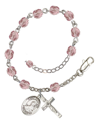 Silver-Plated 6mm Fire-Polished Saint Benjamin Rosary Bracelet in Light Amethyst Engraved Catholic Saint Jewelry