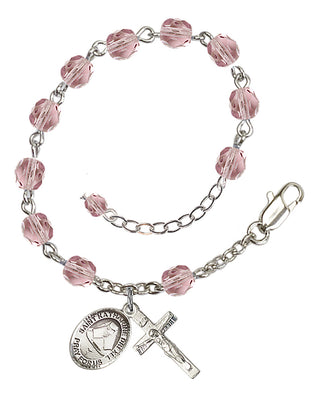 Silver-Plated 6mm Fire-Polished Saint Katharine Drexel Rosary Bracelet in Light Amethyst Engraved Catholic Saint Jewelry