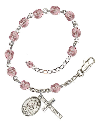 Silver-Plated 6mm Fire-Polished Saint Jane of Valois Rosary Bracelet in Light Amethyst Engraved Catholic Saint Jewelry