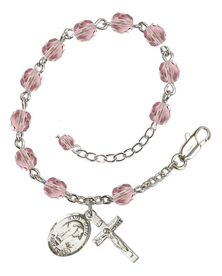 Silver-Plated 6mm Fire-Polished Saint Elmo Rosary Bracelet in Light Amethyst Engraved Catholic Saint Jewelry