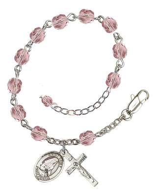 Silver-Plated 6mm Fire-Polished Saint Emily de Vialar Rosary Bracelet in Light Amethyst Engraved Catholic Saint Jewelry