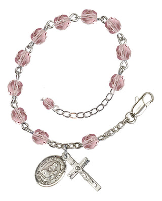 Silver-Plated 6mm Fire-Polished Our Lady of Loretto Rosary Bracelet in Light Amethyst Engraved Catholic Saint Jewelry