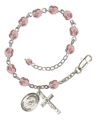 Silver-Plated 6mm Fire-Polished Saint Robert Bellarmine Rosary Bracelet in Light Amethyst Engraved Catholic Saint Jewelry